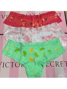 3 NWT VICTORIA’S SECRET PINK LACE TRIM CHEEKSTER PANTY BUNDLE L